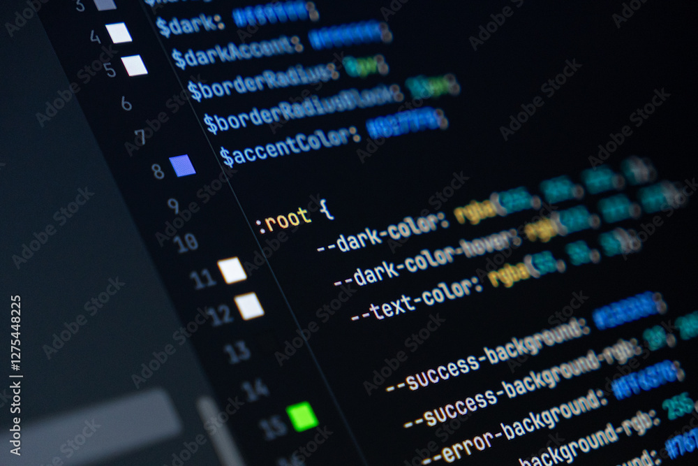 close-up of computer screen with colorful css code, focus on root selector, web development, frontend design and programming